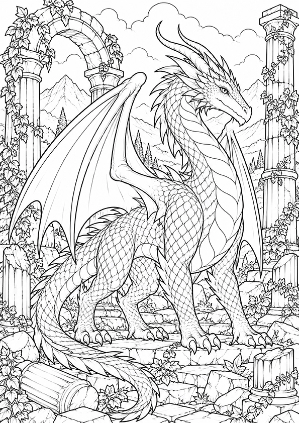 Dragon Among Ancient Ruins coloring page