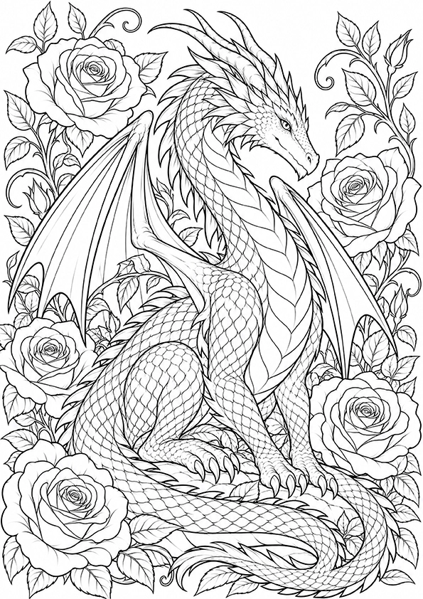 Dragon Among Roses coloring page