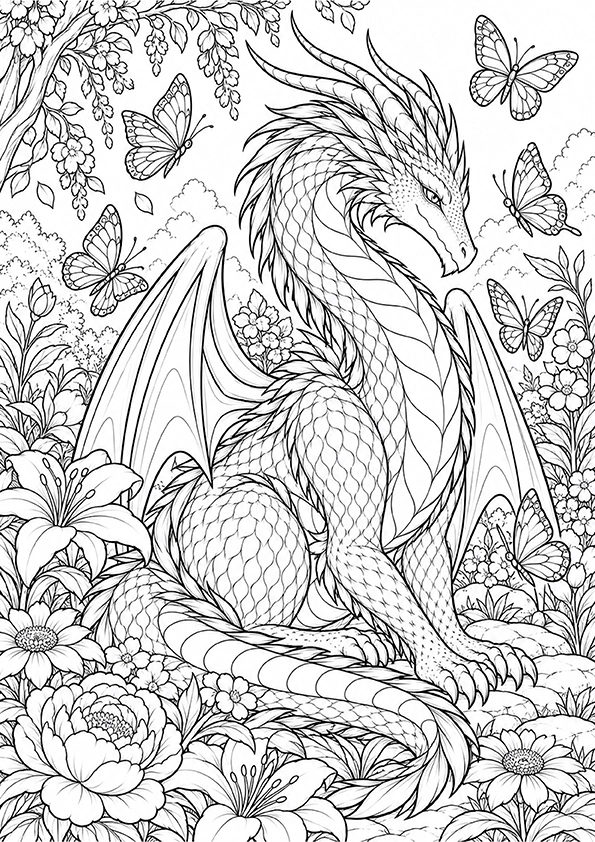 Dragon And Butterfly Garden coloring page