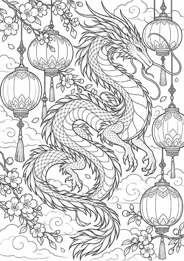 Dragon And Lanterns coloring page