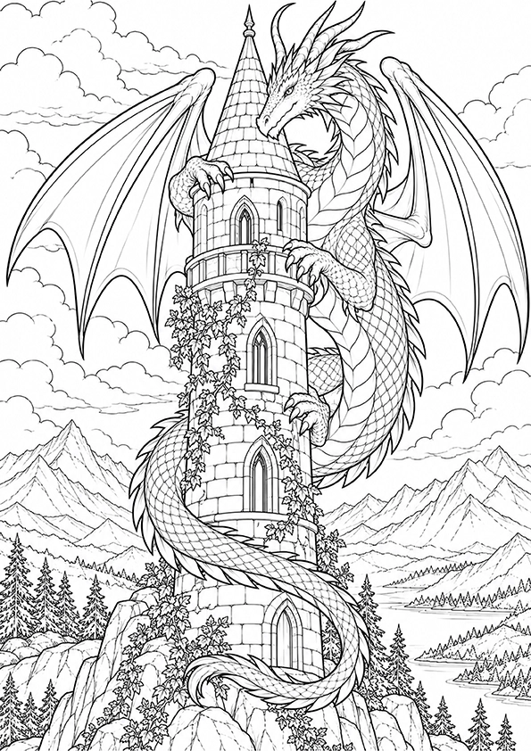 Dragon Around A Medieval Tower coloring page