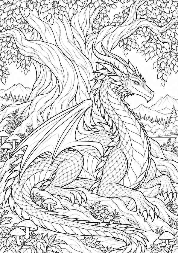 Dragon Beneath An Ancient Tree coloring page