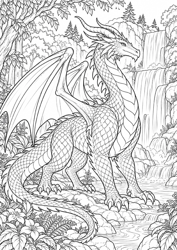 Dragon Beside A Waterfall coloring page