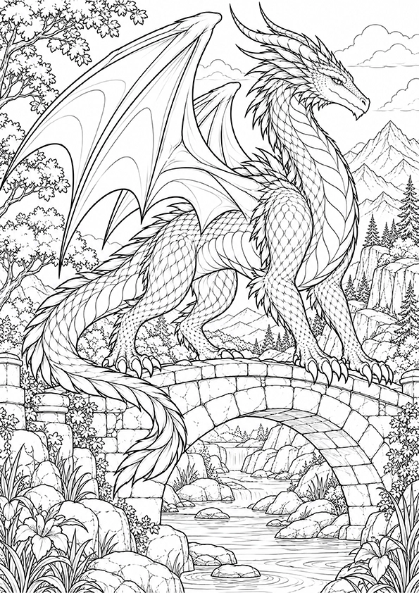 Dragon On A Stone Bridge coloring page