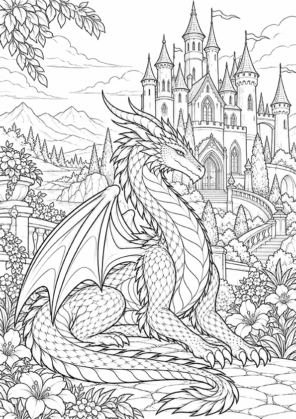 Fairy Tale Castle Dragon coloring page