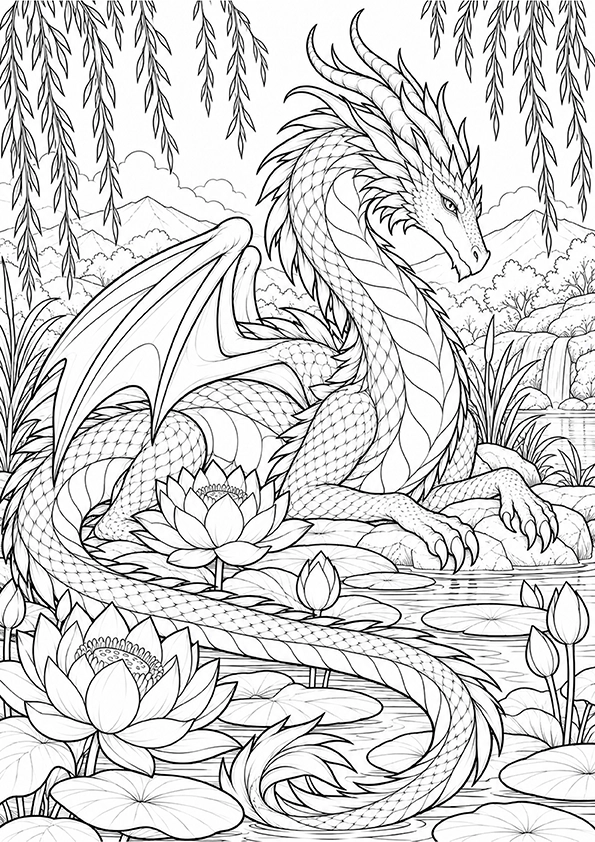 Lotus Pond Dragon coloring page