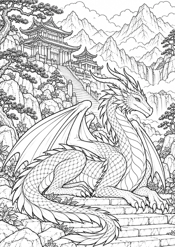Dragon resting on stone steps below a mountain temple