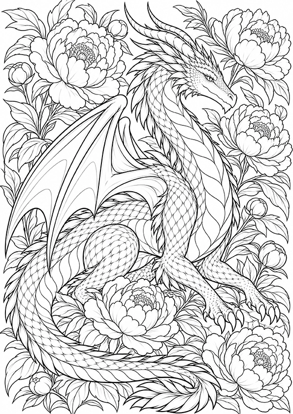 Peony Dragon coloring page