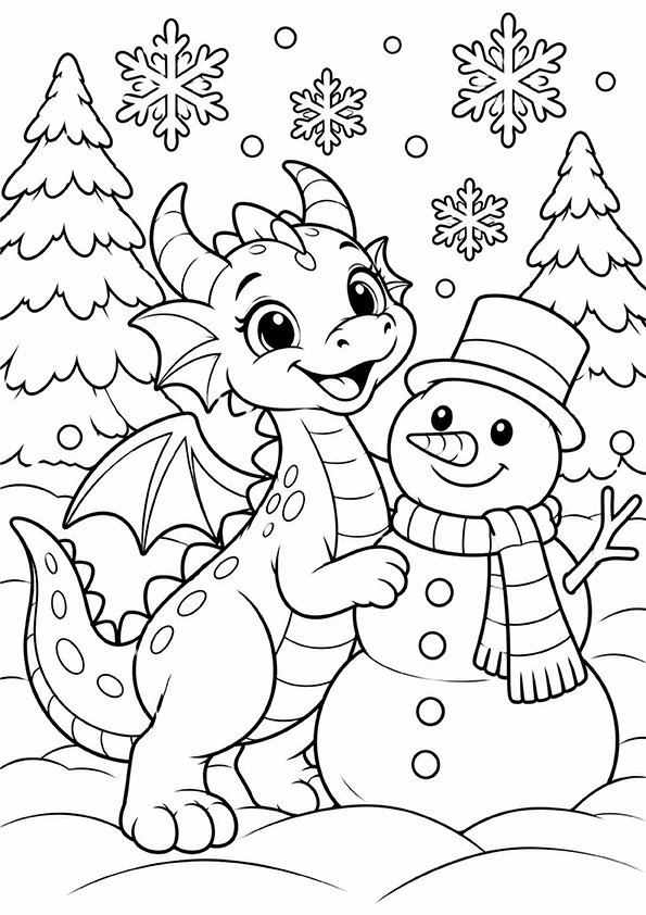 Dragon Building A Snowman coloring page