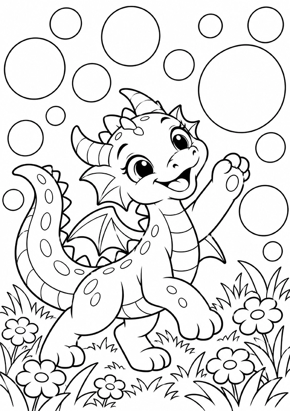 Dragon Chasing Bubbles coloring page