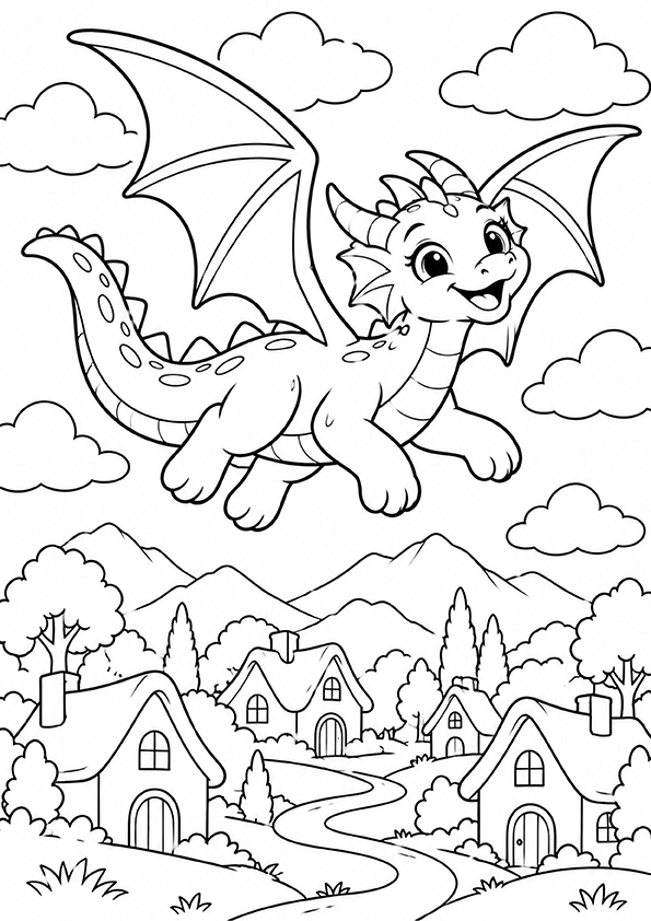 Dragon Flying Over A Village coloring page