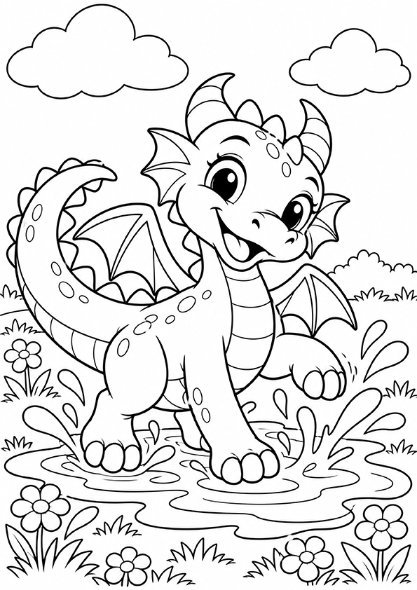 Dragon Splashing In A Puddle coloring page
