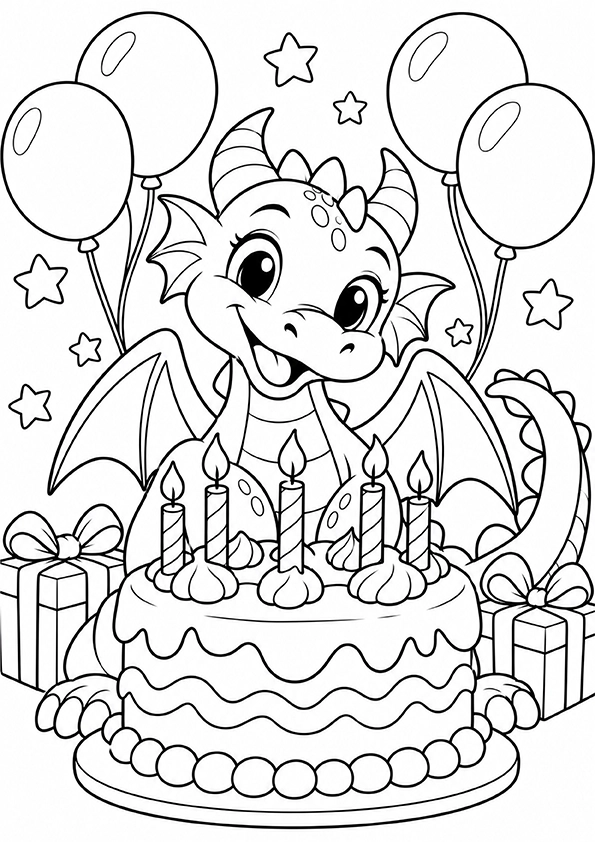 Dragon With A Birthday Cake coloring page