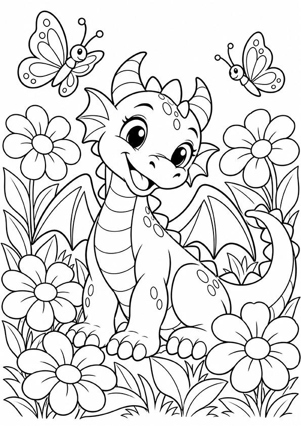 Dragon With Flowers coloring page