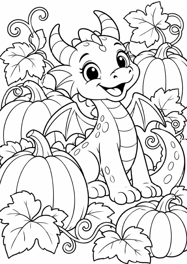 Dragon With Pumpkins coloring page