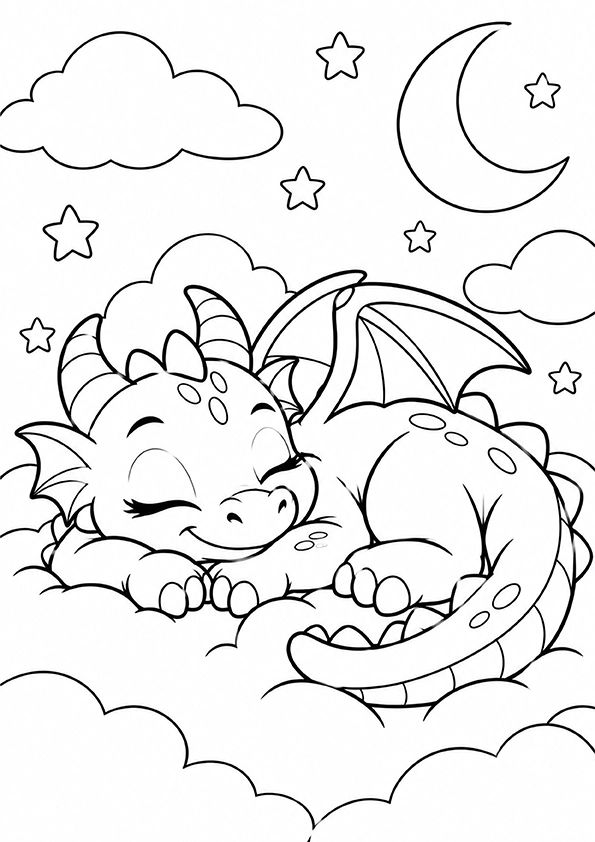 Sleeping baby dragon on clouds with moon and stars