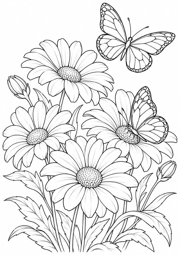 Daisies And Butterflies coloring page