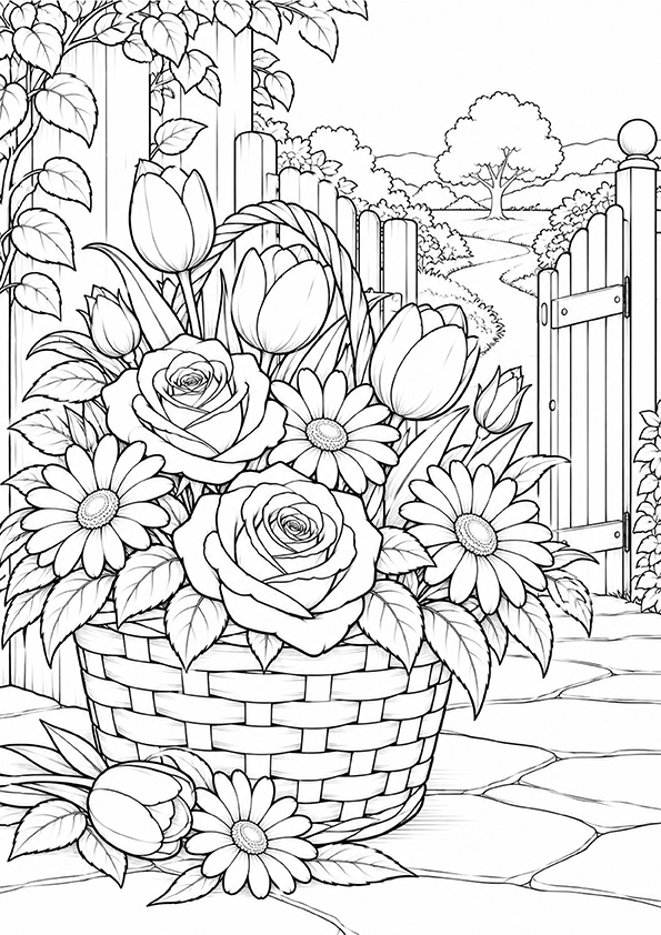 Flower Basket By The Garden Gate coloring page