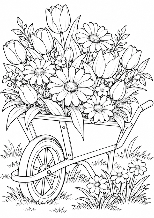 Flower Filled Wheelbarrow coloring page