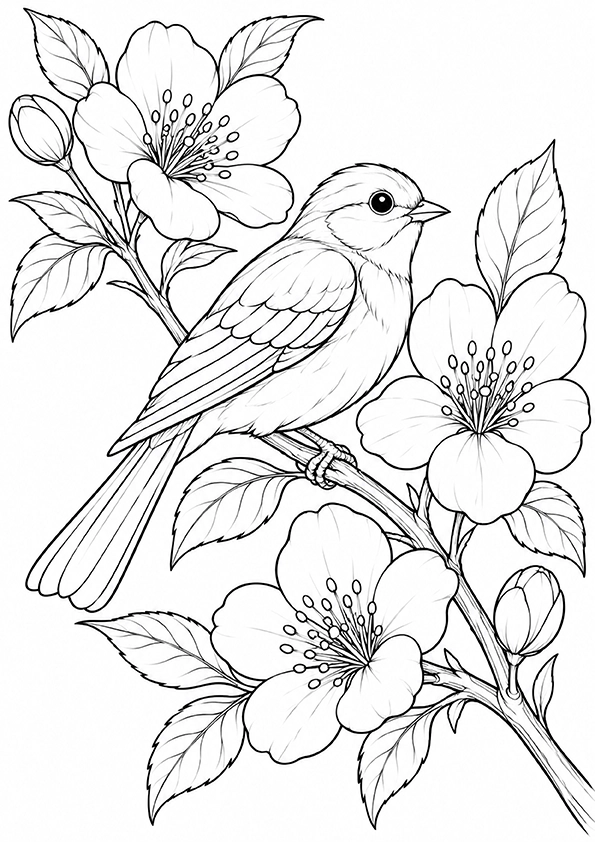 Flowers And Songbird coloring page