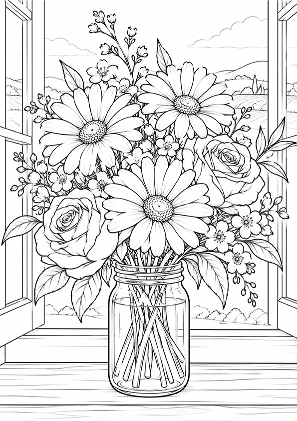 Flowers In A Glass Jar coloring page