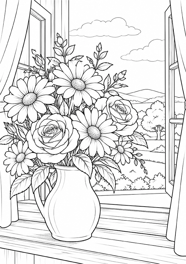 Vase of daisies and roses on a window sill with an outdoor view