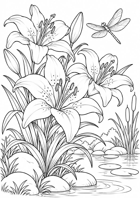 Lilies By The Pond coloring page