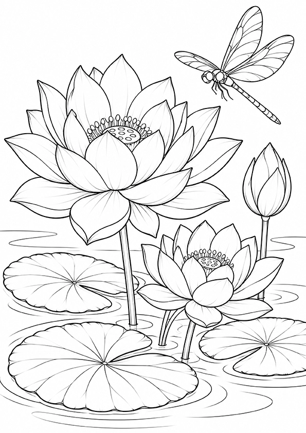 Lotus And Dragonfly coloring page
