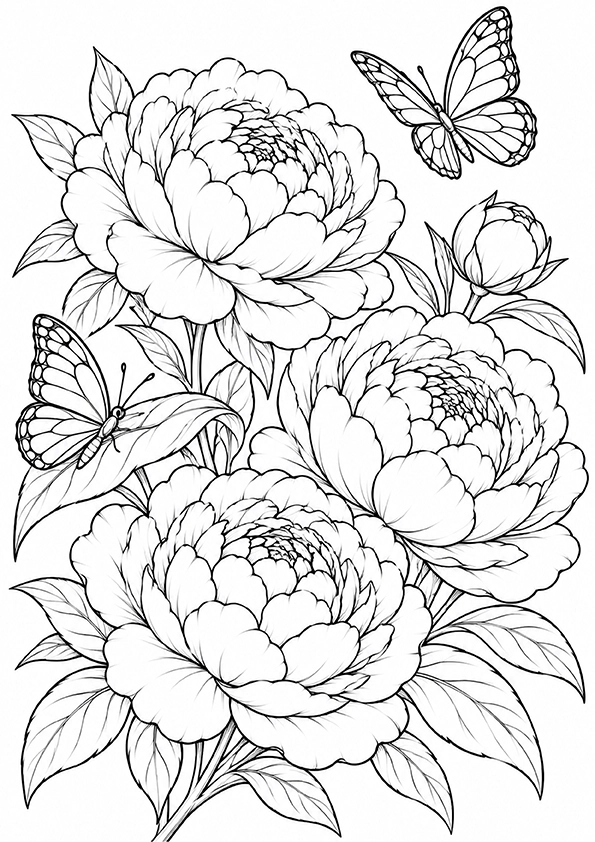 Peonies And Butterflies coloring page