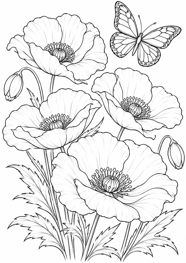 Poppies And Butterfly coloring page