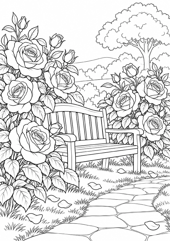 Rose Garden Bench coloring page