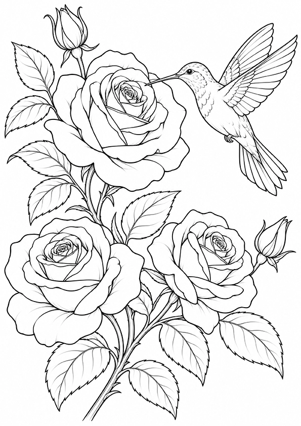 Roses And Hummingbird coloring page