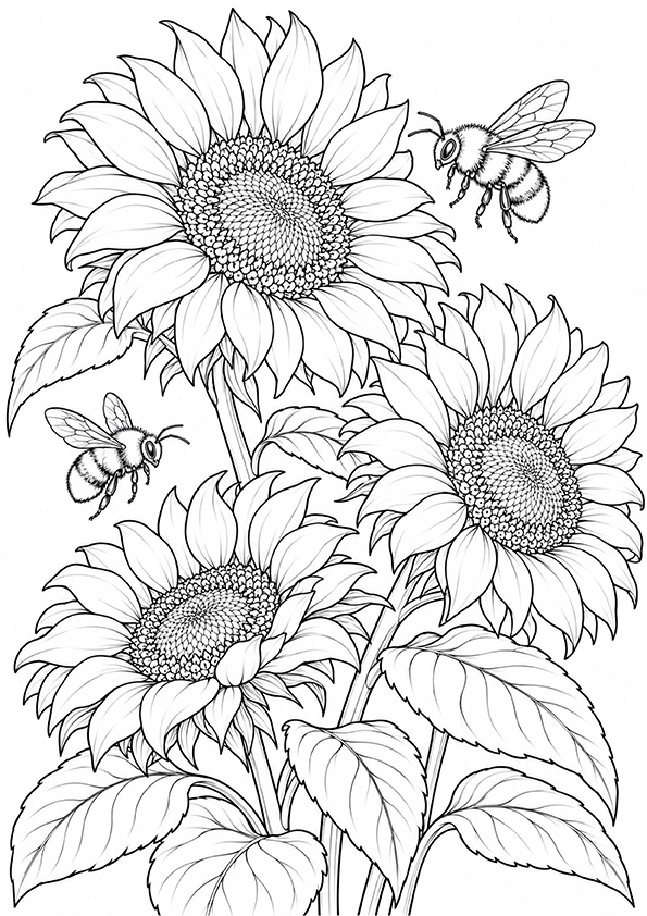 Sunflowers And Bees coloring page