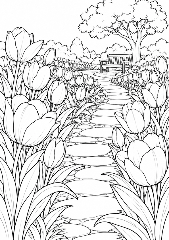Tulip Garden Path coloring page