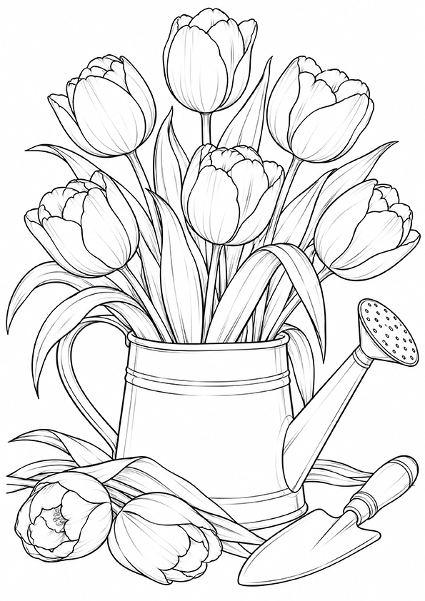 Tulips In A Watering Can coloring page