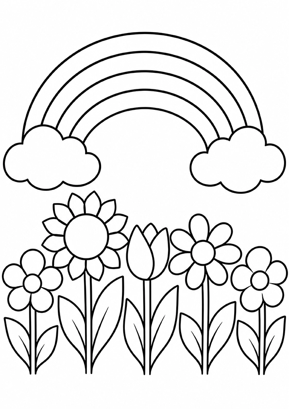 Flowers And Rainbow coloring page