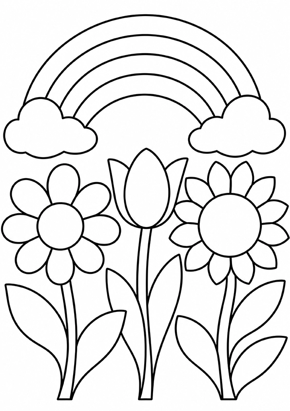 Flowers Under A Rainbow coloring page
