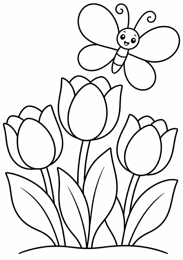 Tulips And Butterfly coloring page