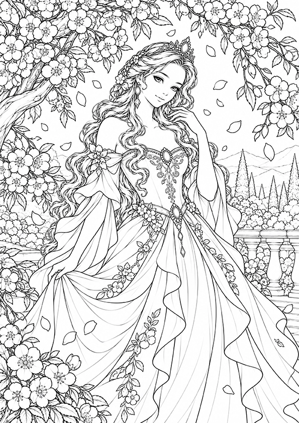 Princess Among Cherry Blossoms coloring page