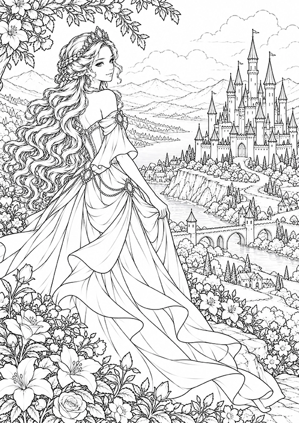 Princess And Fairy Tale Castle coloring page