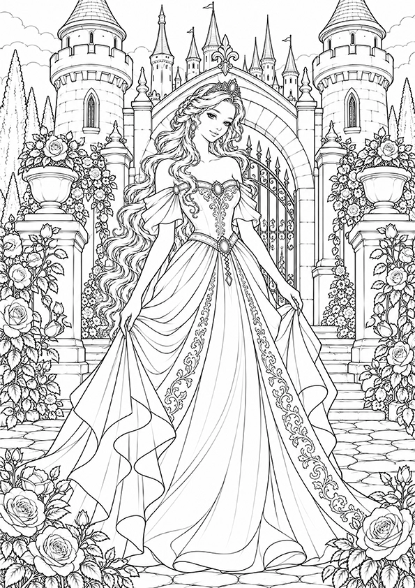 Princess At The Castle Gates coloring page