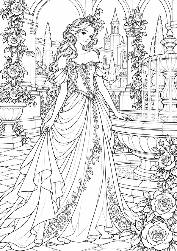Princess At The Royal Fountain coloring page