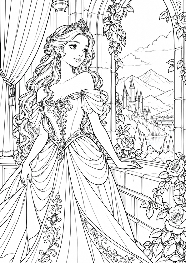Princess Beside A Castle Window coloring page