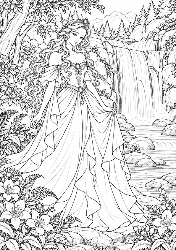 Princess Beside A Waterfall coloring page
