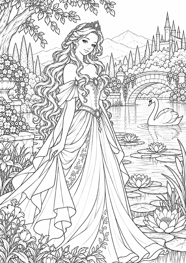 Princess By A Lily Pond coloring page