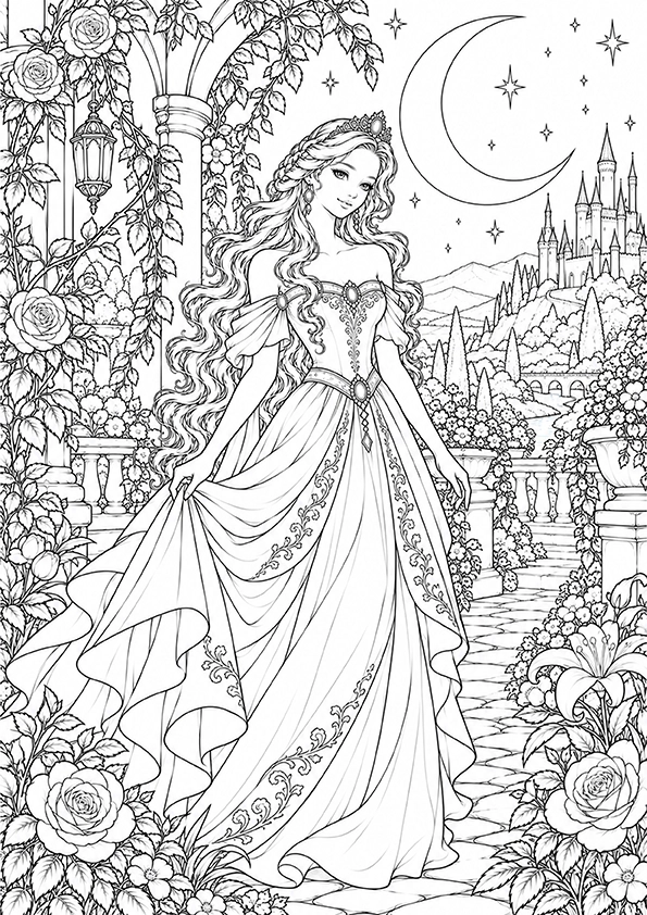 Princess In A Moonlit Garden coloring page