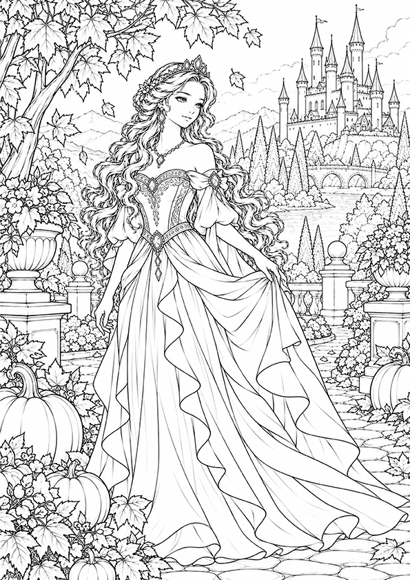 Princess In An Autumn Garden coloring page