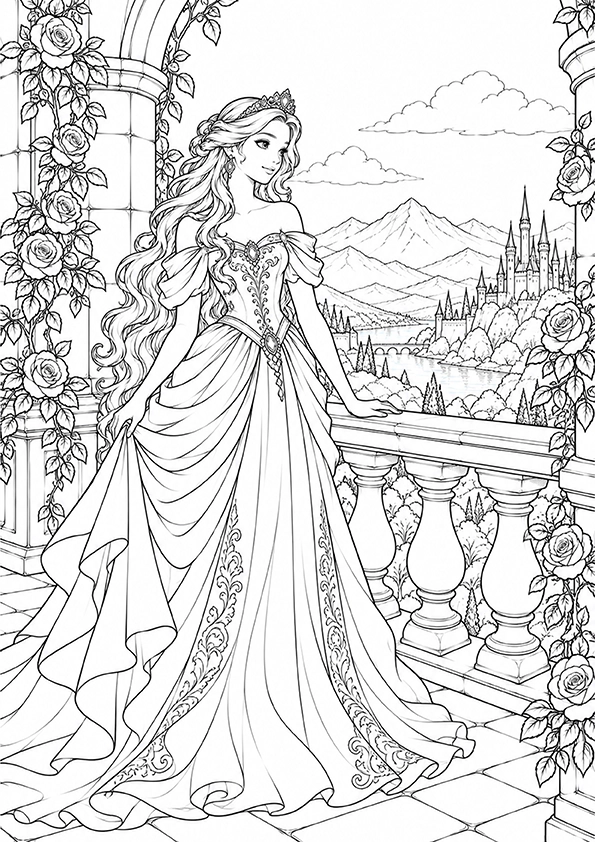 Princess On A Castle Balcony coloring page
