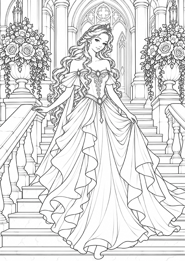Princess On The Palace Staircase coloring page