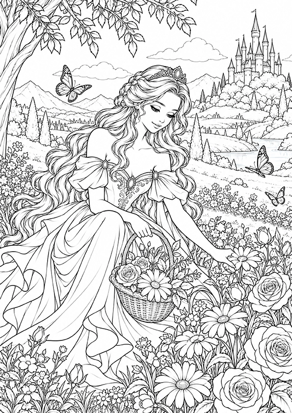 Princess Picking Flowers coloring page